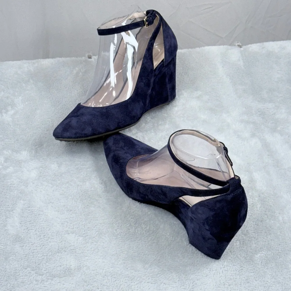Cole Haan Lacey Suede Grand.OS Wedge Pump Women 8.5 Blue Ankle Strap Pointed Toe